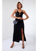 Rochie maxi netedă pe bretele cu despicatură, neagră 110570 - Magazin online - Boutique